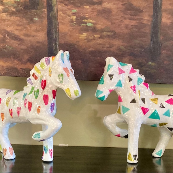 Horse Paper Mache Decoupaged Figure / Animal Lover Gift in Heart or Geometric Patterns / Children’s Room Shelf Decor 9.25”