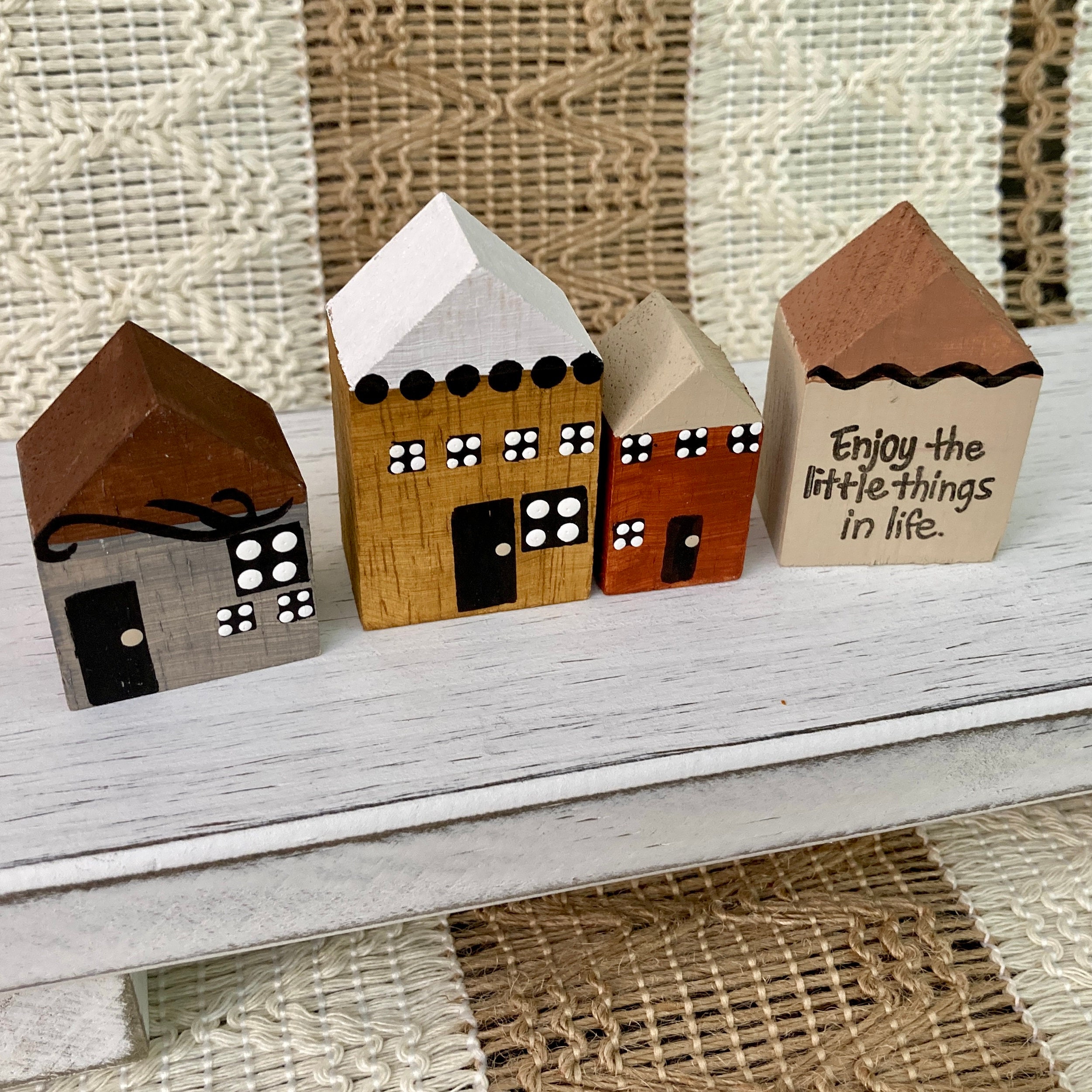 Mini House Shape Rack Miniature Wood Houses / Tiered Tray or Knick Knack Shelf / Neutral ...