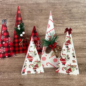 Triangle Christmas Trees / Holiday Shelf Decor Set of 3 / Buffalo Plaid or Santa and Candy Candy Cane