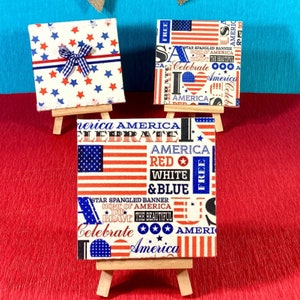 4th of July Mini Art Canvas  / Patriotic Tiered Tray Decor / Red White & Blue Flag Shelf Sitter 5”