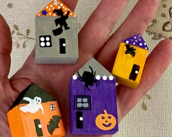 Halloween Miniature Haunted Houses / Spooky Tiered Tray and Knick Knack Shelf Decor Set of 4
