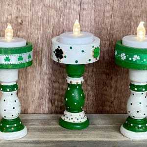 St, Patrick’s Day Tiered Tray / 4-Leaf Clover Tea Light LED Mini Candlestick Shelf and Table Decor 4.5”