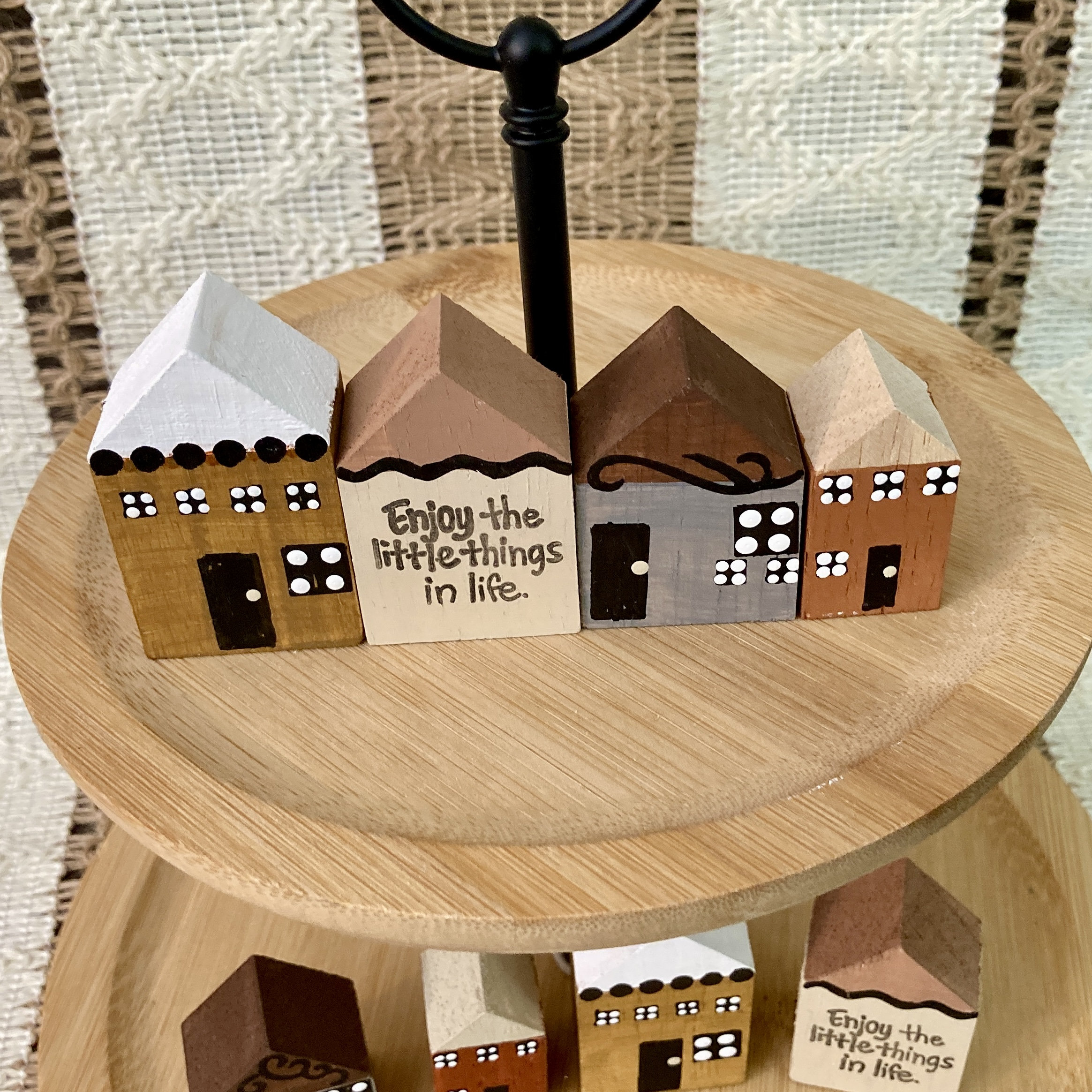 Mini House Shape Rack Miniature Wood Houses / Tiered Tray or Knick Knack Shelf / Neutral ...