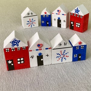 4th of July Miniature Houses / Red White and Blue Tiered Tray / Patriotic Wood Shelf and Knick-Knack Decor Set of 4