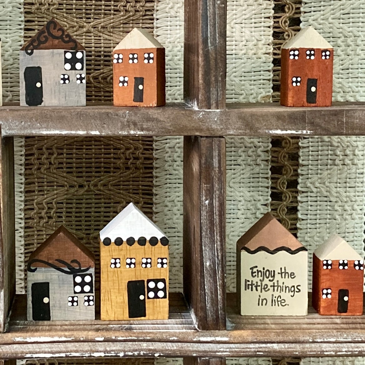 Mini House Shape Rack Miniature Wood Houses / Tiered Tray or Knick Knack Shelf / Neutral ...