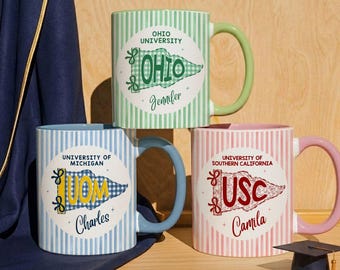 Personalized Graduation Mug, School Pennant Flag Coffee Mug, College University Spirit Striped Cup, Gift for Him, Senior Graduation Gift