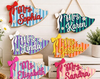 Custom Pennant Teacher Door Sign, Personalize Teacher Name Sign, Stripe Wooden Door Hanger, Classroom Decor, Back To School Gift for Teacher