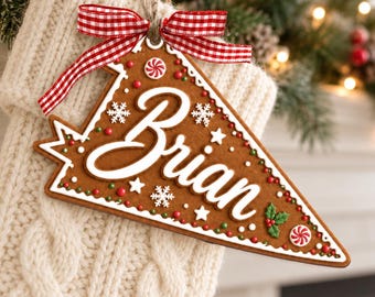 Pennant Gingerbread Ornament, Custom Name Christmas Ornament, Personalized Kids Christmas Name Tag, Stocking Tag, Holiday Keepsake