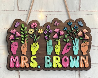 Personalized ASL Teacher Door Hanger, Sign Language Gift