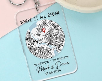 Personalized Where It All Began Map Acrylic Keychain, Custom Map Keychain, Anniversary Gift For Boyfriend, Valentine Gift For Him, Husband