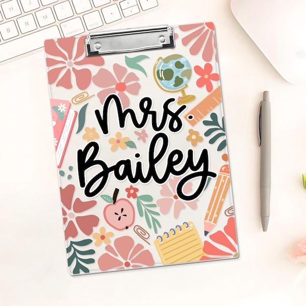 Personalized Boho Floral Teacher Clipboard, Custom Name Acrylic Clipboard (9x12.5 inches)