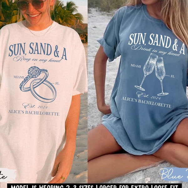 Beach Bachelorette Shirts, Sun Sand and A Drink in My Hand, A Ring on My Hand, Custom Bride Shirt, Luxury Bachelorette Merch Comfort Colors