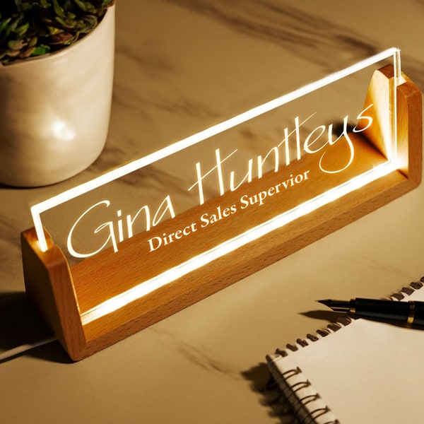 Personalized Desk Nameplate with Wooden Base, LED Light Desk Accessories, Acrylic Name Sign, Gift for Boss Lady, Coworker, Teacher Desk Sign