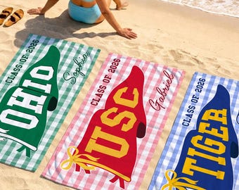 Personalized College Pennant Towel, Custom Name Striped Beach Towel, School Spirit Senior Pool Towel, Sorority Girls Grad Gift 2026