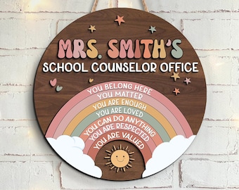 Personalized School Counselor Wooden Name Sign: Rainbow Classroom Decor