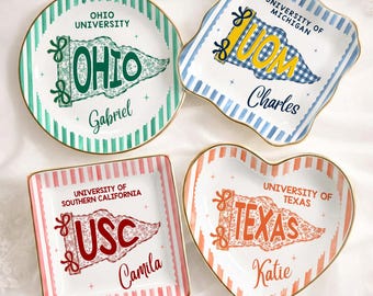 Custom School Pennant Flag Ring Dish, Class of 2026 Graduation Gift, College University Spirit Striped Dish, Senior Night Gift For Her