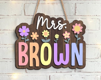 Floral Teacher Door Sign, Personalized Desktop Teacher Sign, Teacher Appreciation Gifts, Teacher Name Sign Desk Decor, Back to School Gift