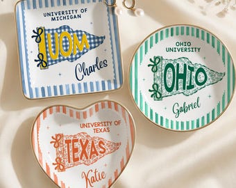 Custom School Pennant Flag Ring Dish, College Graduation Gift, Class of 2026 Jewelry Tray, University Spirit Striped Dish, Senior Night Gift