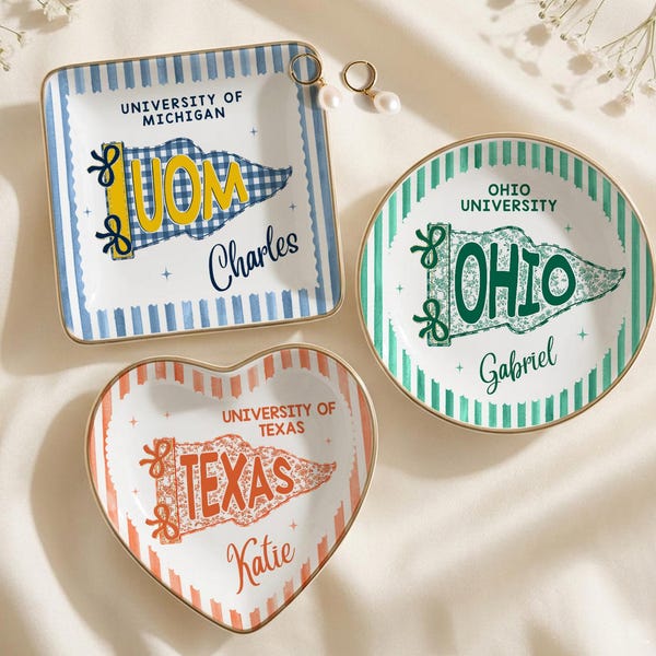 Custom School Pennant Flag Ring Dish, College Graduation Gift, Class of 2026 Jewelry Tray, University Spirit Striped Dish, Senior Night Gift