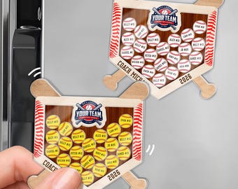 May include: Wooden baseball-themed team plaque with a clear window, featuring baseballs with player names and numbers. The plaque is shaped like a baseball diamond with crossed bats and the text "YOUR TEAM" and "2026".