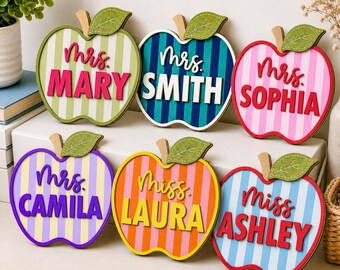 Personalized Apple Teacher Sign, Custom Teacher Name Sign, Striped Wooden Teacher Sign, Back to School Classroom Decor, New Teacher Gifts
