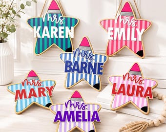 Custom Teacher Door Sign, Personalized Classroom Door Decor, Striped Pencil Teacher Name Plaque, Teacher Appreciation Gifts