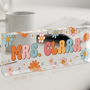 Personalized Teacher Desk Name Plaque, Retro Floral Acrylic Sign