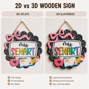 May include: A comparison of a 2D flat wooden sign and a 3D layered wooden sign, both featuring a black and white composition notebook pattern, a pink bow, a red apple, an open book, a yellow pencil, and the text Mrs. SENART in colorful letters.
