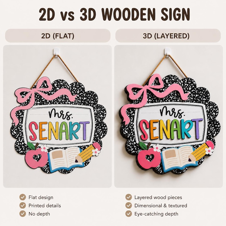 May include: A comparison of a 2D flat wooden sign and a 3D layered wooden sign, both featuring a black and white composition notebook pattern, a pink bow, a red apple, an open book, a yellow pencil, and the text Mrs. SENART in colorful letters.