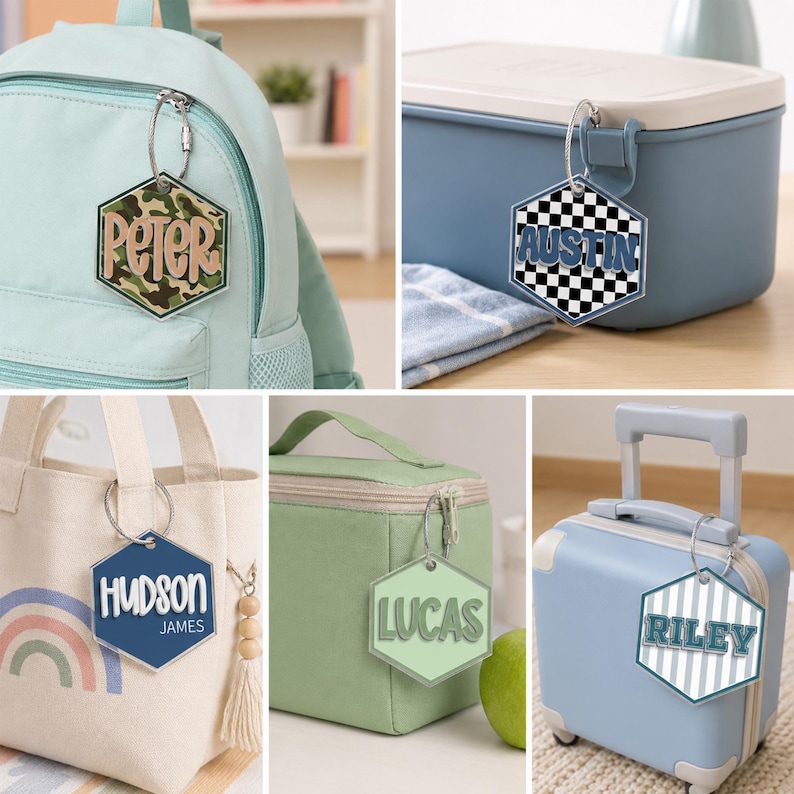 Étiquette personnalisée pour garçon, Étiquette personnalisée pour sac d'école, Porte-clés pour sac à dos, Étiquette nominative pour boîte à lunch, Cadeau de rentrée scolaire pour enfant image 8