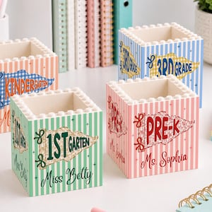 Personalized Striped Teacher Pencil Holder, Custom Name Block Pencil Pot, Back to School Gift, Classroom Desk Decor, School Supplies