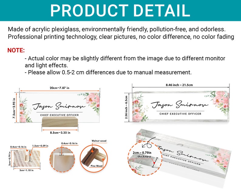 May include: A white acrylic desk nameplate with a floral design and the text "Jason Smirnov, Chief Executive Officer". The nameplate is 8.46 inches long and 2.56 inches wide. It is sitting on a wooden stand.