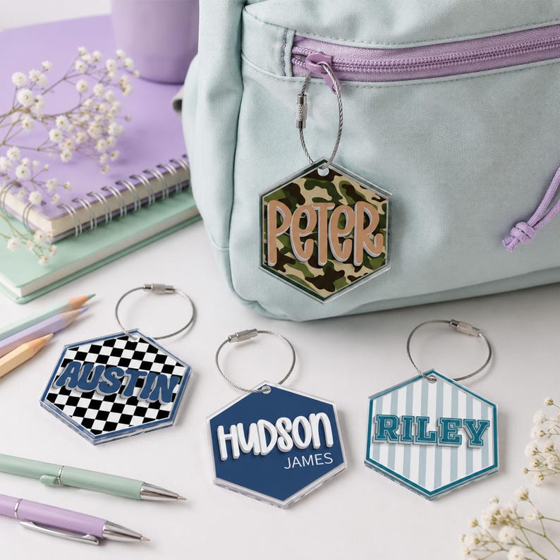 Étiquette personnalisée pour garçon, Étiquette personnalisée pour sac d'école, Porte-clés pour sac à dos, Étiquette nominative pour boîte à lunch, Cadeau de rentrée scolaire pour enfant image 7