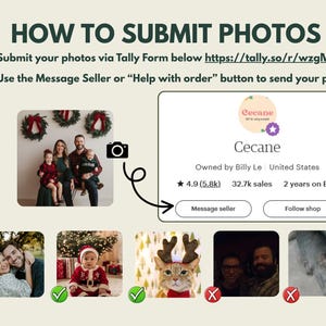 May include: An instructional graphic with the text "HOW TO SUBMIT PHOTOS". It provides guidance on submitting photos via a Tally Form and the "Message Seller" button. The graphic also features a shop profile with a 4.9-star rating and a family photo.