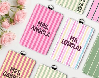 Personalized Teacher Badge Holder, Custom Teacher Name ID Card Holder, Colorful Stripes Business Badge Protector, Work ID Holder for Lanyard