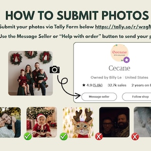 May include: Image showing instructions on how to submit photos for a custom product. The text reads "HOW TO SUBMIT PHOTOS" and provides a link and instructions. A shop profile is displayed with the shop name "Cecane".