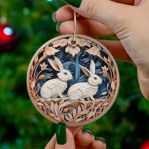 3D cut paper style Christmas Design Tree Ornaments, Depicting two Rabbits, Nature inspired, Ceramic Ornament,