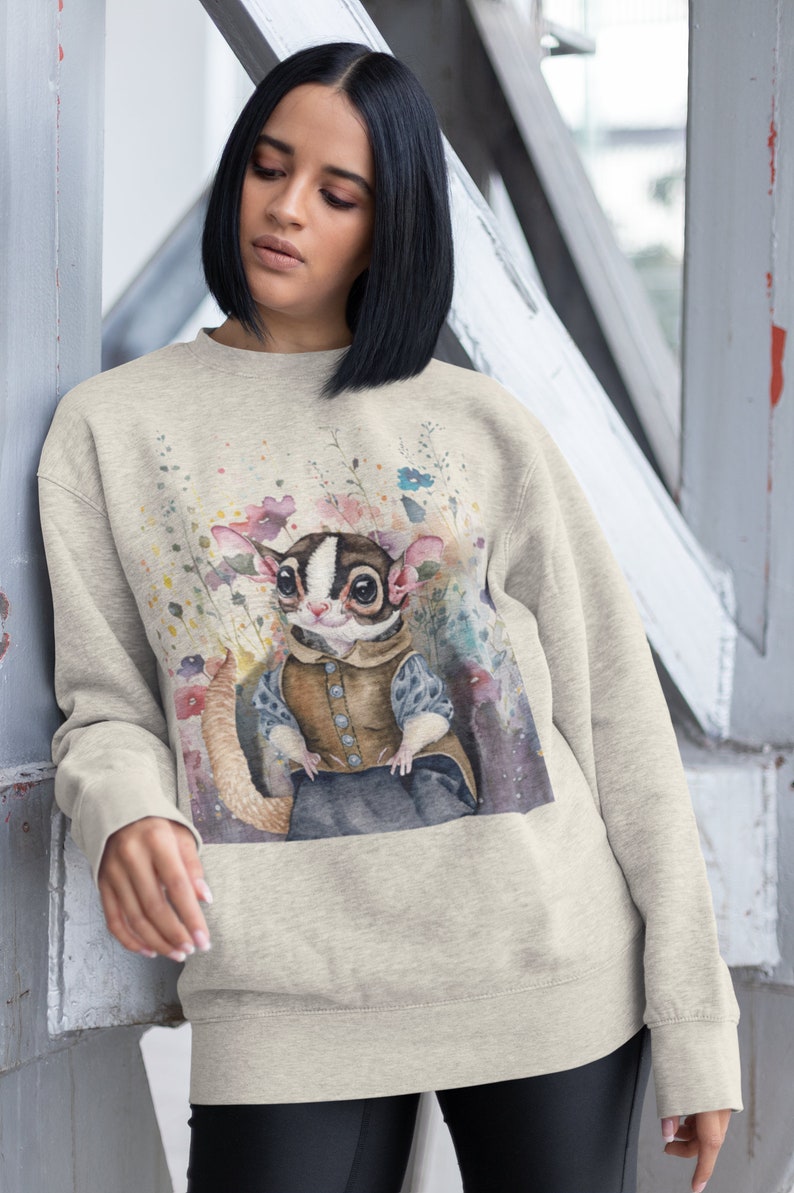 Cute Sugar Glider lovers Sweatshirt Watercolor Wildflowers Old Country Critters wearing clothes Crewneck Sweatshirt zdjęcie 5