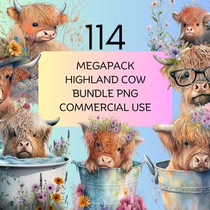 114 Highland Cow Clipart Mega Pack, Watercolor, Clipart, Farm Animal, PNG, Instant Download, Printable with Full Commercial Use