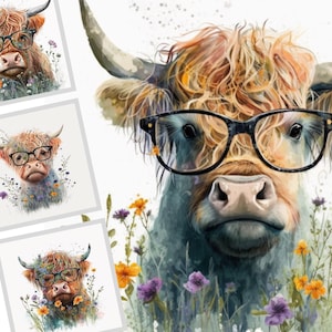 Cute Highland Cow Wearing Glasses PNG, Watercolor Clipart, Cute Baby Shower Graphics, Nursery Decor Wall Art, Clipart, Farm Animal PNG