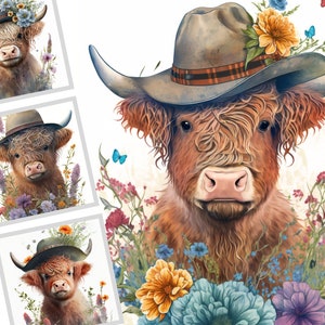 Cute Highland Cow Wearing Cowboy Hat PNG, Watercolor Clipart, Cute Baby Shower Graphics, Nursery Decor Wall Art, Clipart, Farm Animal PNG