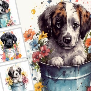 Aquarelle chiot dans un seau PNG, chiot dans un seau des cliparts numérique, décoration de chambre pour chambre d'enfant chiot, art mural imprimable chiot