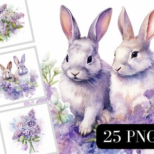 Paquete de imágenes prediseñadas de conejo lila en acuarela, imágenes prediseñadas PNG, gráficos de boda, flores de primavera y verano, estampado botánico, floral, uso comercial