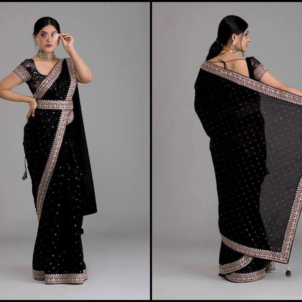 Black color Chinnon saree for women USA,designer saree with tassels, party wear saree with foil print body work and heavy sequin Lace border