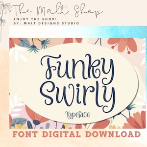 Funky Swirly Font is for you to use in your upcoming crafting projects. Create greeting cards, posters, book covers, t-shirts and more!