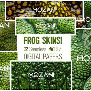 May include: A collage of 12 seamless digital papers featuring close-up images of frog skin textures in various shades of green. The images are high-resolution and perfect for digital scrapbooking, graphic design, and other creative projects. The text "MOZANI STUDIO" appears in the image.