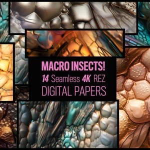 May include: A digital art collage showcasing macro insect textures in gold, teal, and brown hues. The image includes the text "MACRO INSECTS! 14 Seamless 4K REZ DIGITAL PAPERS" in pink and white.