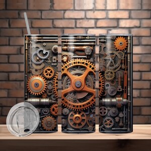 May include: Three stainless steel tumblers with a steampunk design featuring intricate gears and cogs in shades of brown, silver, and orange.