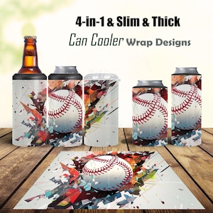May include: Four-in-one slim and thick can cooler wrap designs featuring a baseball graphic with a white background and colorful abstract shapes. The text "4-in-1 & Slim & Thick Can Cooler Wrap Designs" is displayed at the top of the image.