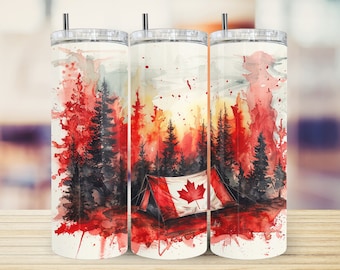 May include: Three stainless steel tumblers with a watercolor design of a forest scene with a tent and a Canadian flag. The background is a red, orange, and yellow watercolor wash.